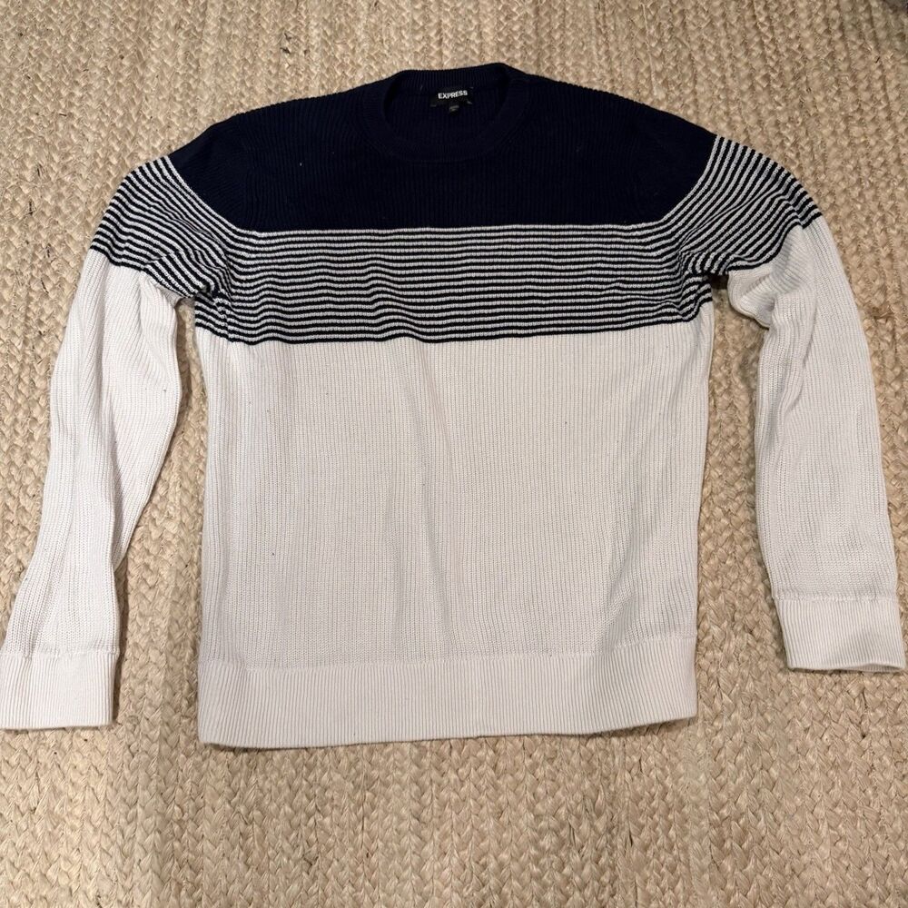 Express Crewneck Sweater Mens XL Cotton Pullover Ivory Navy Blue Striped Knit